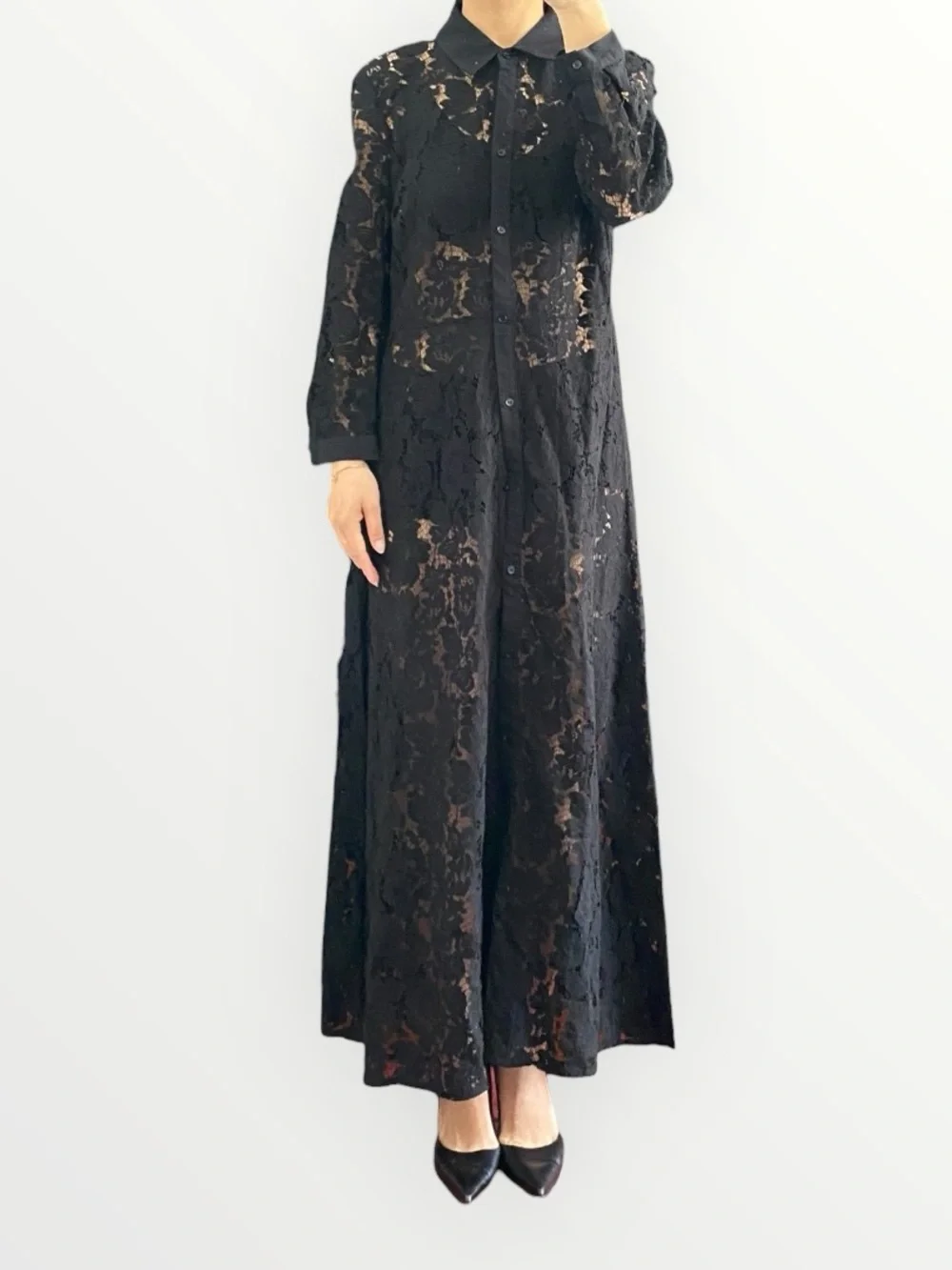 Zara Black Lace Collared Waist Tie Long Dress Size L - Picture 5 of 13